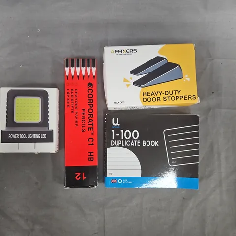 APPROXIMATELY 10 ASSORTED HOUSEHOLD ITEMS TO INCLUDE HEAVY-DUTY DOOR STOPPERS, PENCILS, POWER TOOL LIGHTING LED, ETC