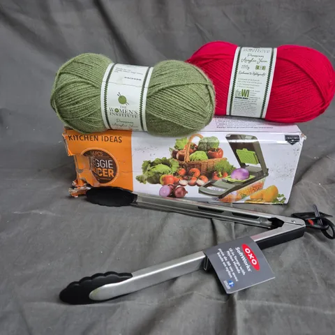 BOX OF APPROXIMATELY 20 HOUSEHOLD ITEMS TO INCLUDE KNITTING YARN, VEGGIE SLICER AND KITCHEN TONGS
