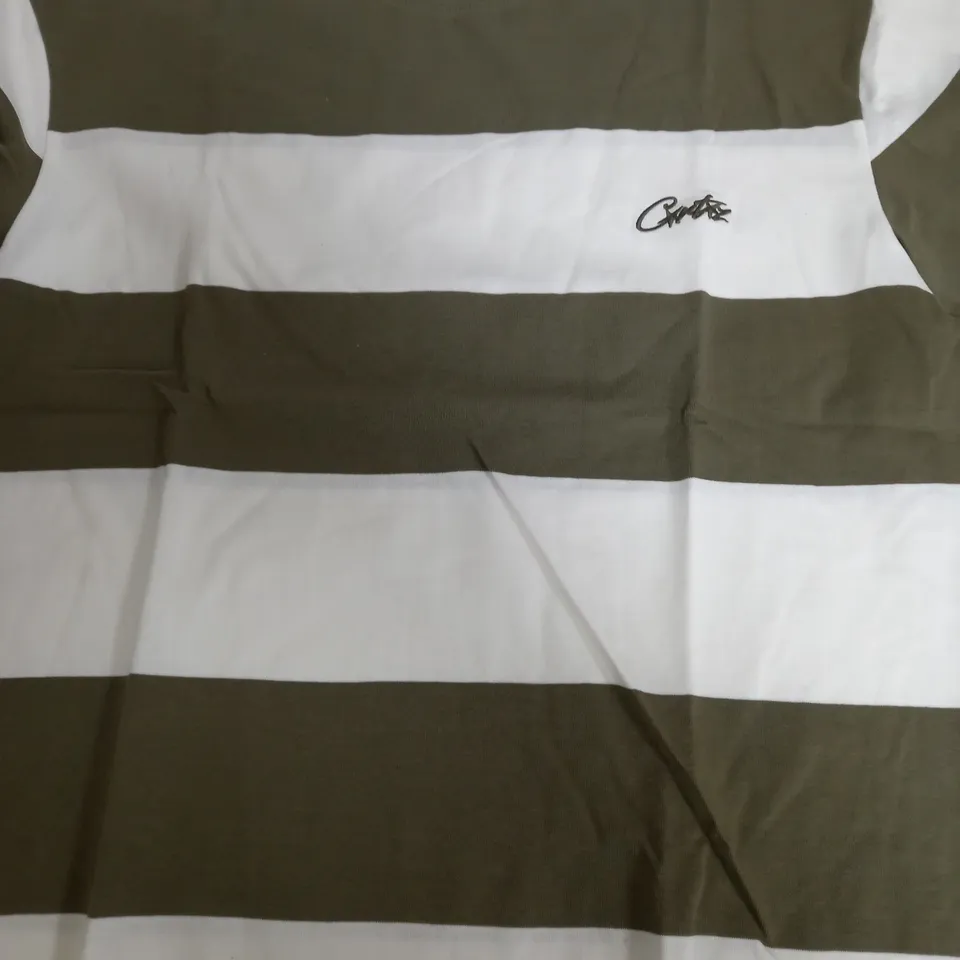 CORTEIZ GUERILLAZ KAHKI & WHITE STRIPED T-SHIRT - MEDIUM