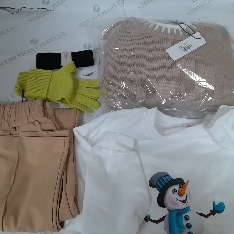 BOX OF APPROXIMATELY 25 ASSORTED CLOTHING ITEMS TO INCUDE - GLOVES  , JUMPER  , PANTS, BELT ETC