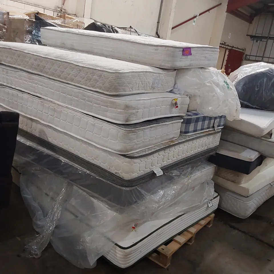 PALLET OF APPROXIMATELY 11 UNBAGGED MATTRESSES - VARIOUS SIZES, BRANDS, CONDITIONS 