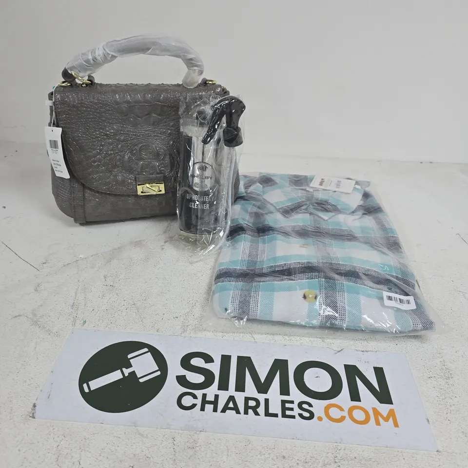 APPROXIMATELY 15 ASSORTED ITEMS TO INCLUDE HANDBAG, SHELBY UPHOLSTERY CLEANER, TAMSY SHIRT, ETC