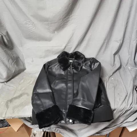RUTH LANGSFORD BLACK FAUX LEATHER JACKET WITH FUR COLLAR – WOMEN'S SIZE 12