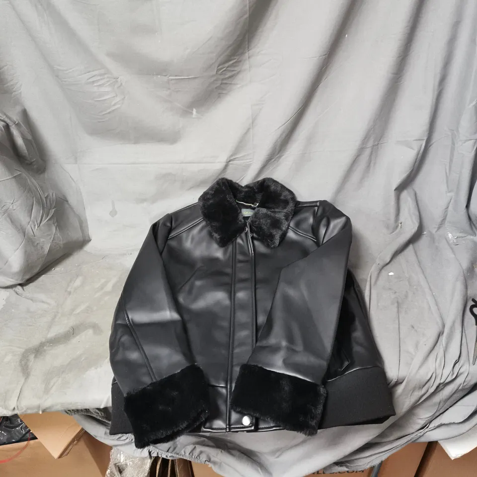 RUTH LANGSFORD BLACK FAUX LEATHER JACKET WITH FUR COLLAR – WOMEN'S SIZE 12