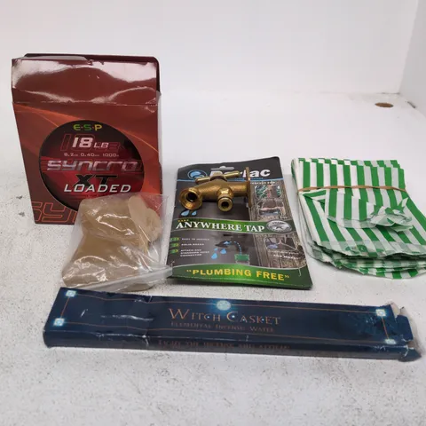 TOTE OF APPROXIMATELY 20 ASSORTED ITEMS TO INCLUDE ESP 18LB SYNCRO XT LOADED, DARLAC ANYWHERE TAP, "THANK YOU" TAGS, BAGS ETC