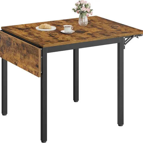 BOXED VASAGLE FOLDING DINING TABLE, DROP LEAF EXTENDABLE, FOR SMALL SPACES, SEATS 2-4 PEOPLE, INDUSTRIAL, 78 X 120 X 76.2 CM, RUSTIC BROWN AND INK BLACK