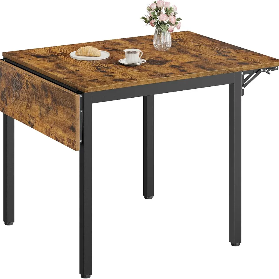 BOXED VASAGLE FOLDING DINING TABLE, DROP LEAF EXTENDABLE, FOR SMALL SPACES, SEATS 2-4 PEOPLE, INDUSTRIAL, 78 X 120 X 76.2 CM, RUSTIC BROWN AND INK BLACK