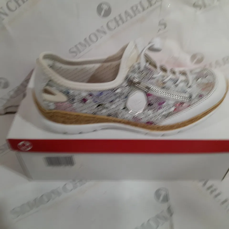 BOXED RIEKER SIDE ZIPPED PATTERN SNEAKERS SIZE 6 