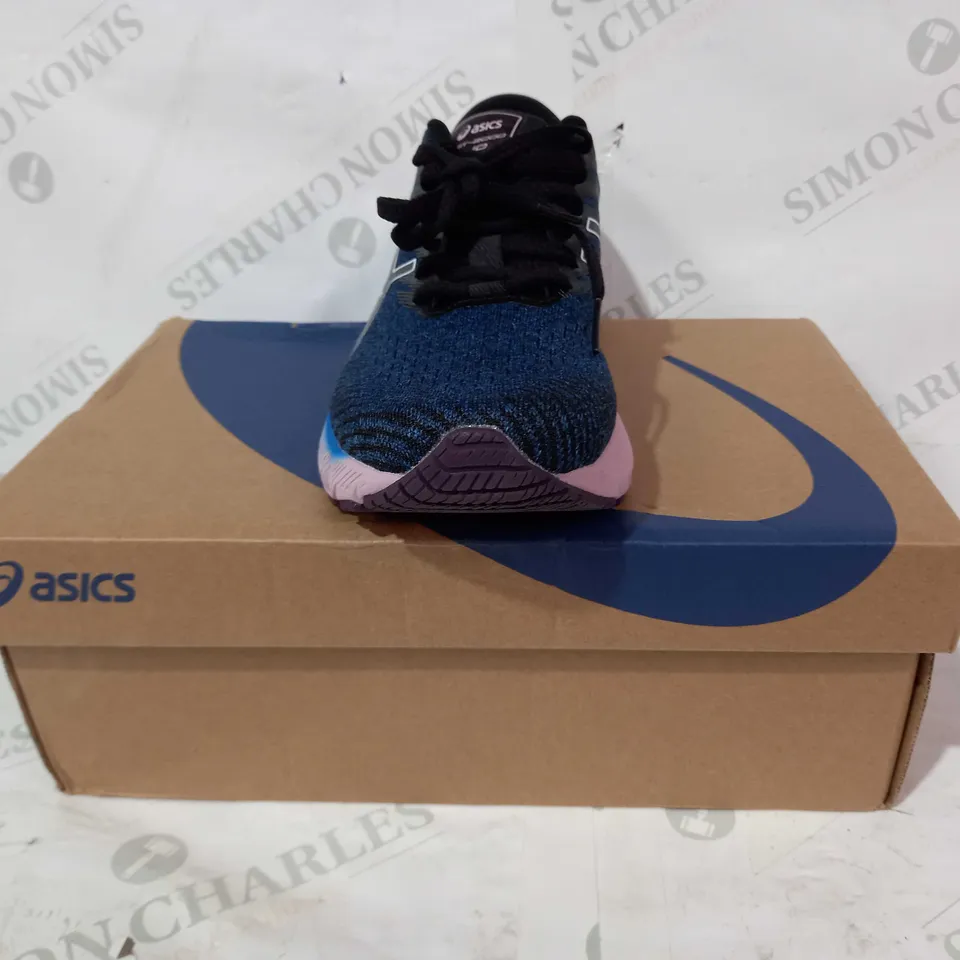 BOXED PAIR OF OASICS TRAINERS IN BLUE/LILAC/WHITE UK SIZE 5.5