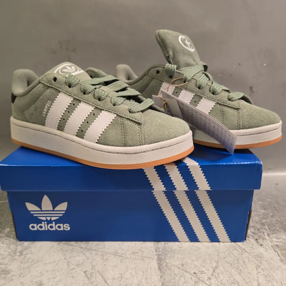 BOXED PAIR OF ADIDAS CAMPUS 00S SHOES IN SAGE SIZE UK 2