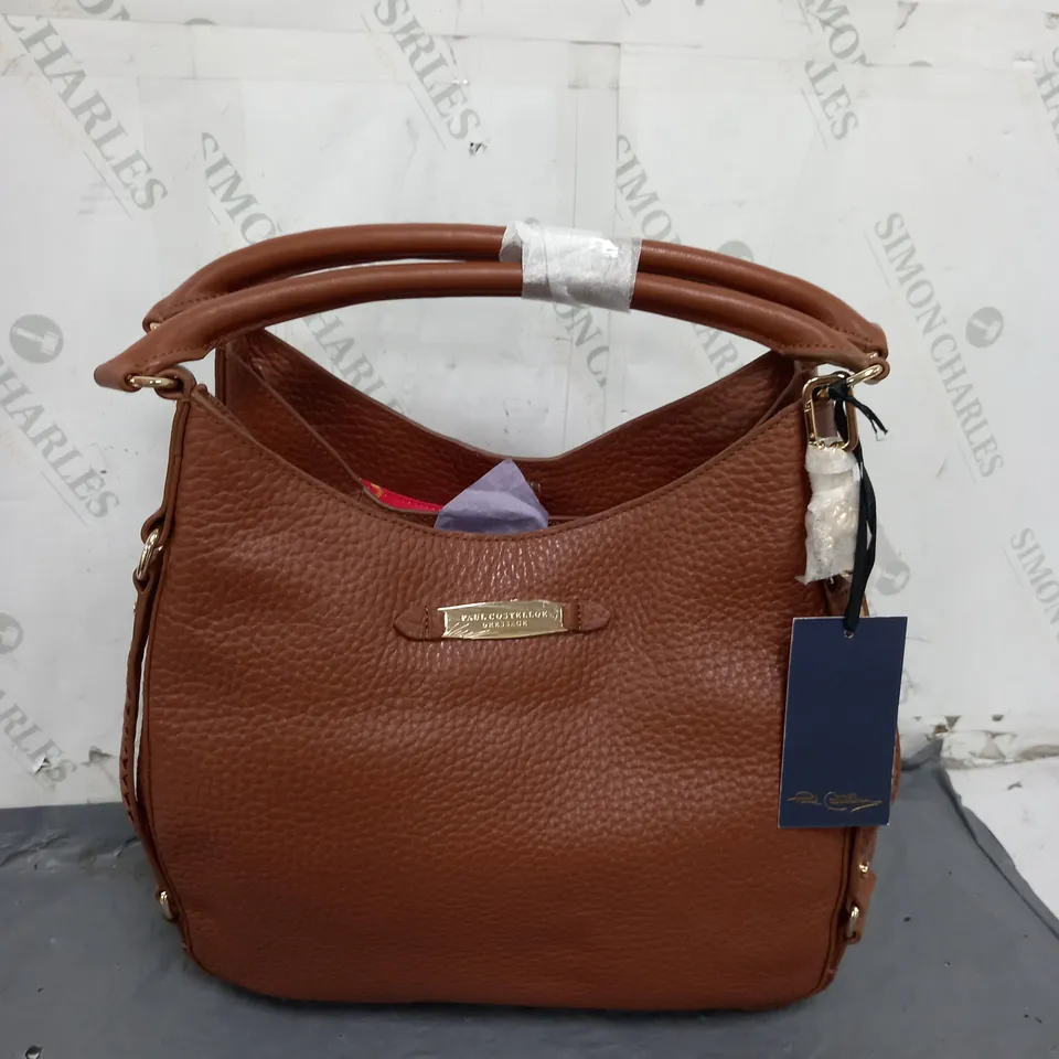 PAUL COSTELLOE WEAVE DETAIL LARGE SLOUCHY LEATHER SHOULDER BAG TAN