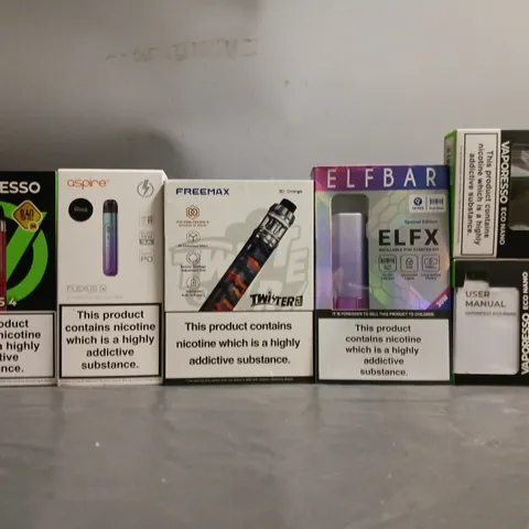 BOX OF APPROXIMATELY 18 ASSORTED E-CIGARETTES TO INCLUDE - ELFBAR , ASPIRE , VAPORESSO ETC