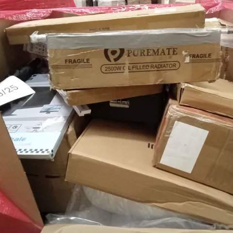 PALLET OF ASSORTED HOUSEHOLD GOODS AND PRODUCTS TO INCLUDE; ELECTRIC HEATER, COMPUTER MONITOR PRIVACY SCREENS, UMBRELLA ETC