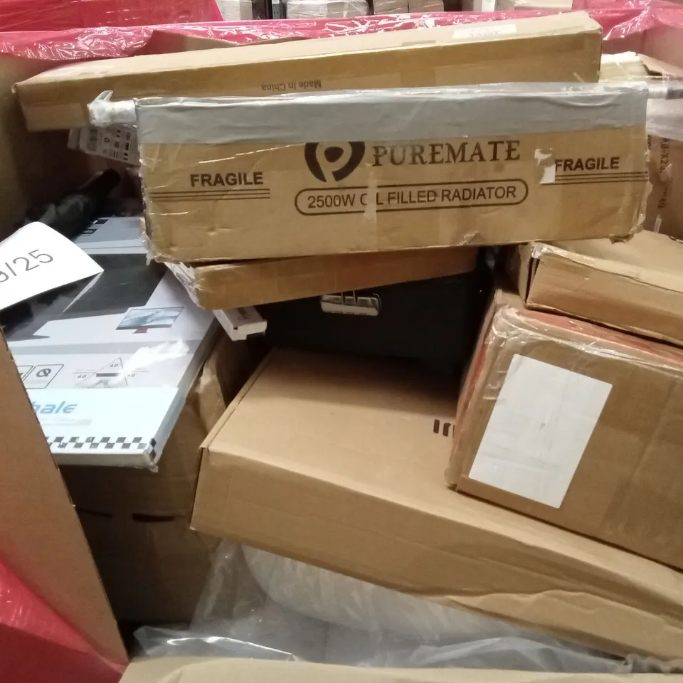 PALLET OF ASSORTED HOUSEHOLD GOODS AND PRODUCTS TO INCLUDE; ELECTRIC HEATER, COMPUTER MONITOR PRIVACY SCREENS, UMBRELLA ETC