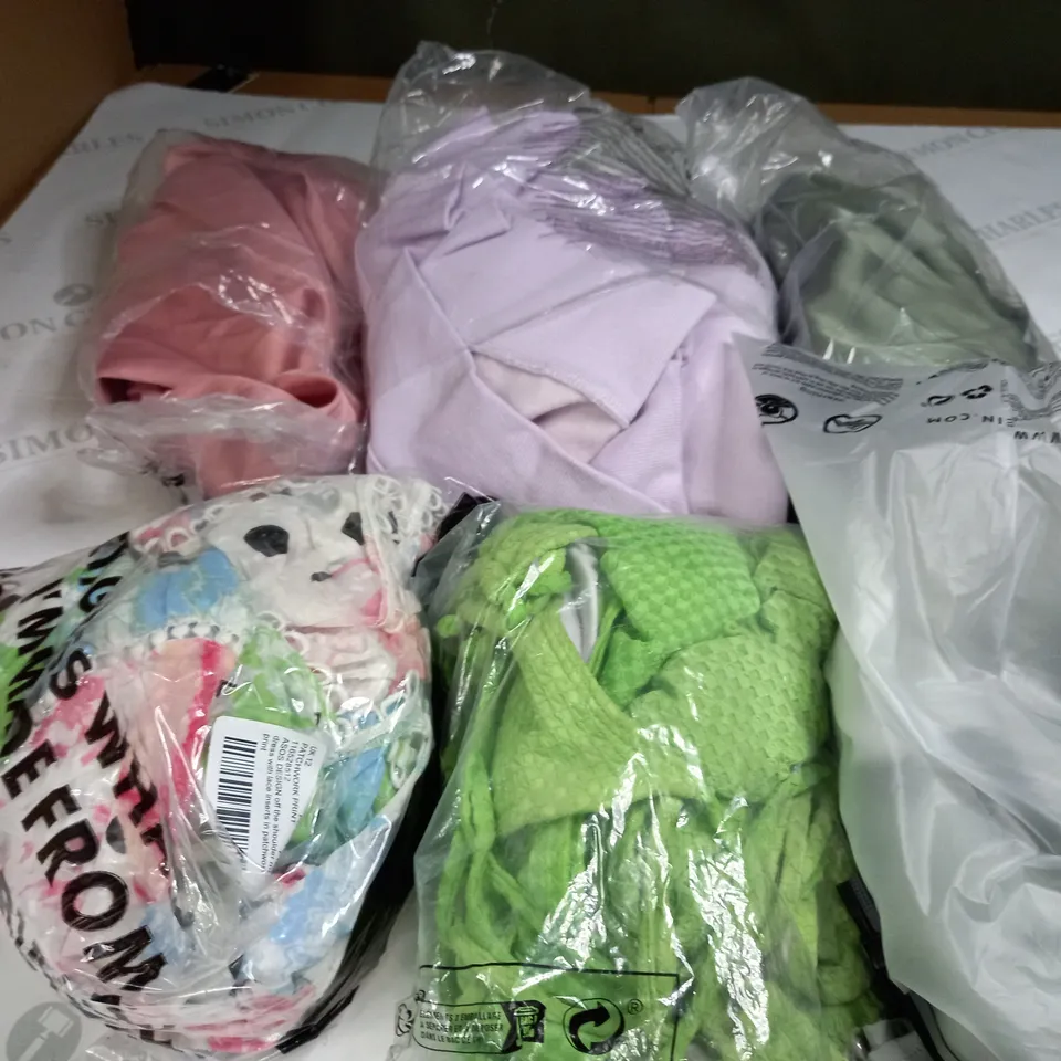 BOX OF ASSORTED CLOTHING ITEMS TOO INCLUDE JUMPERS, SHIRTS AND TROUSERS IN VARIOUS SIZES AND COLOURS   