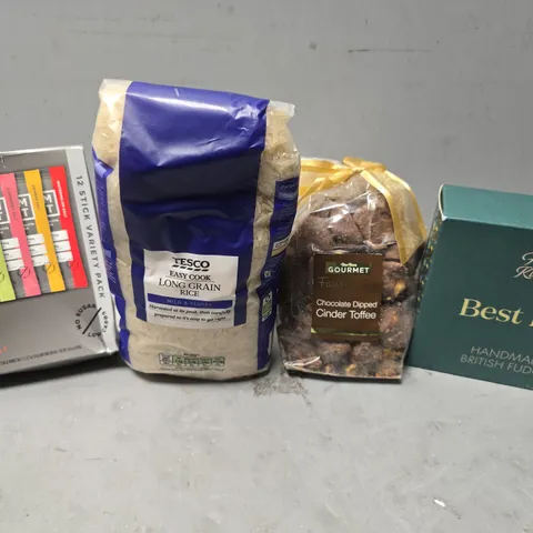 APPROXIMATELY 8 ASSORTED FOOD ITEMS TO INCLUDE - LMNT ELECTROLYTE MIX , TESCO LONG GRAIN RICE , FUDGE  CINDER TOFFEE ETC