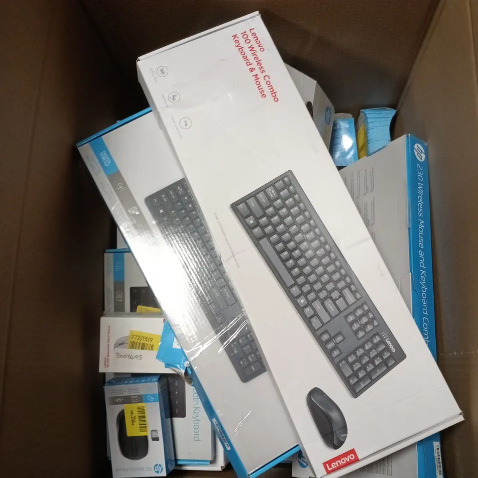 BOX OF APPROXIMATELY 20 ASSORTED ITEMS TO INCLUDE HP 230 WIRELESS KEYBOARD, LENOVO 100 WIRELESS COMBO KEYBOARD AND MOUSE ETC