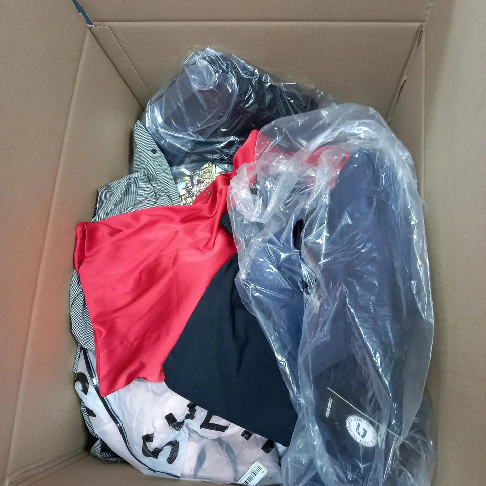 LARGE BOX OF ASSORTED CLOTHING ITEMS IN VARIOUS COLOURS AND SIZES INCLUDING TROUSERS , TOPS AND JUMPERS 