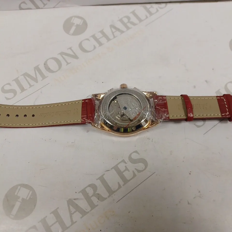 GAMAGES OF LONDON LIMITED EDITION HAND ASSEMBLED MUSE AUTOMATIC ROSE RED WATCH RRP £805