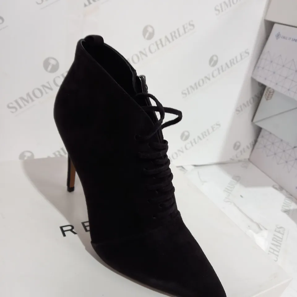 BOXED REISS SUEDE CHOCOLATE BOOT HEELS - SIZE 6