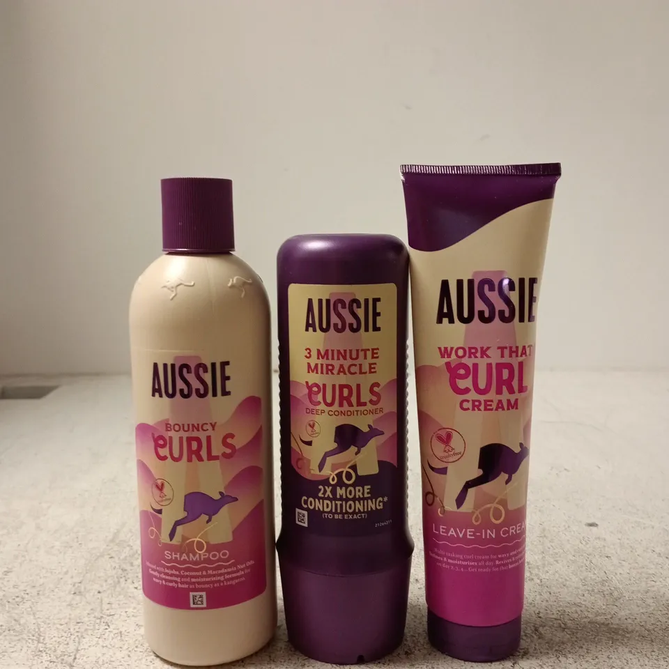 AUSSIE HAIR CARE TRIO – BOUNCY CURLS SHAMPOO, 3 MINUTE MIRACLE DEEP CONDITIONER & LEAVE-IN CREAM