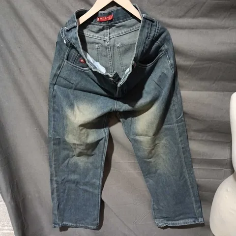 JNCO JEANS – BLUE DENIM JEANS WITH ORANGE BACK-POCKET EMBROIDERY SIZE 3 