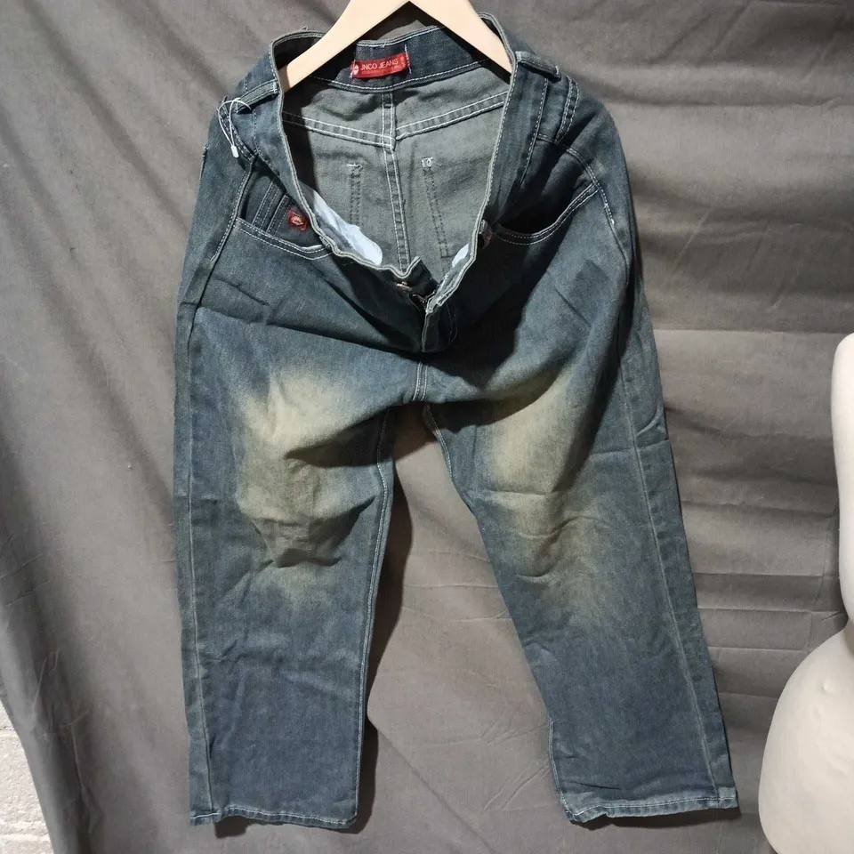 JNCO JEANS – BLUE DENIM JEANS WITH ORANGE BACK-POCKET EMBROIDERY SIZE 3 