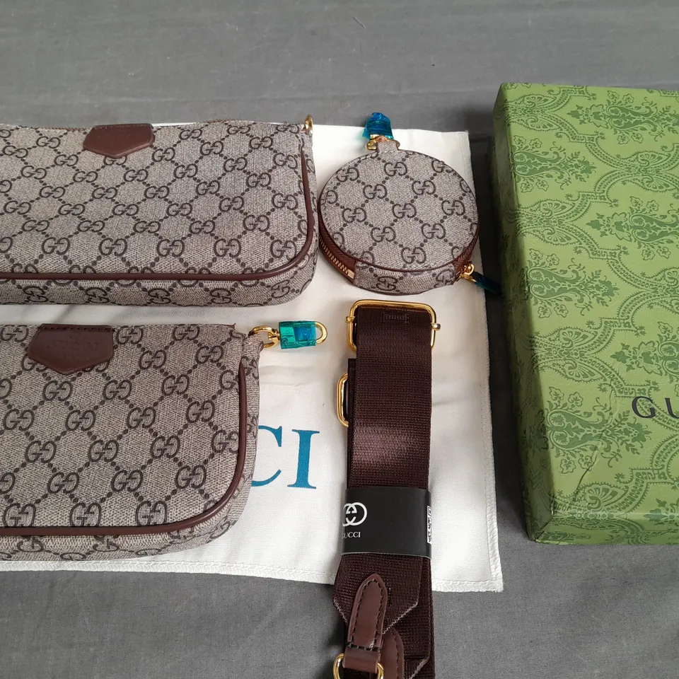 BOXED GUCCI 3 PIECE BAG WITH STRAP - COMES WITH VARICATION AND RECEIPT 