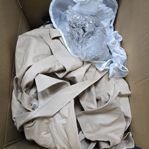 BOX OF APPROXIMATELY 30 ASSORTED CLOTHING ITEMS IN VARIOUS STYLES , COLOURS AND SIZES