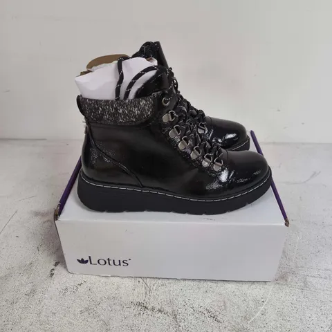 BOXED PAIR OF LOTUS MYRTLE BLACK PATENT BOOTS - EU 39