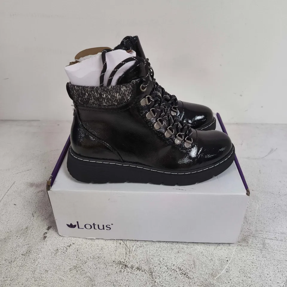 BOXED PAIR OF LOTUS MYRTLE BLACK PATENT BOOTS - EU 39