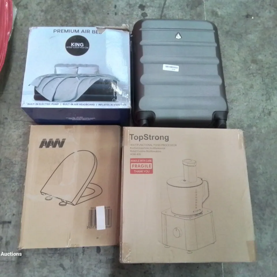PALLET OF ASSORTED ITEMS INCLUDING PREMIUM KING AIR BED, TOILET SEAT, MULTIFUNCTIONAL FOOD PROCESSOR, SUITCASE