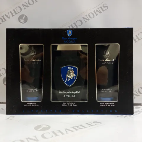 BOXED CONINO LAMBORGHINI ACQUA EUA DE TOILETTE, SHOWER GEL & AFTER SHAVE BALM