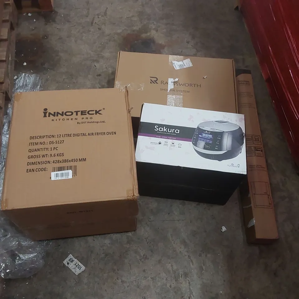 PALLET CONTAINING ASSORTED ITEMS TO INCLUDE: AIR FRYER, MULTIFUNCTIONAL RICE COOKER, SHOWER SYSTEM, RETRACTABLE SAFETY GATE ECT