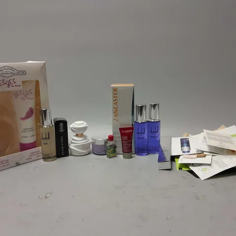 APPROXIMATELY 15 ASSORTED COSMETICS ITEMS TO INCLUDE DUNHILL DESIRE EAU DE TOILETTE (30ml), YES YES FOR WOMEN SET, LANCASTER UV SKIN THERAPY (30ml), ETC