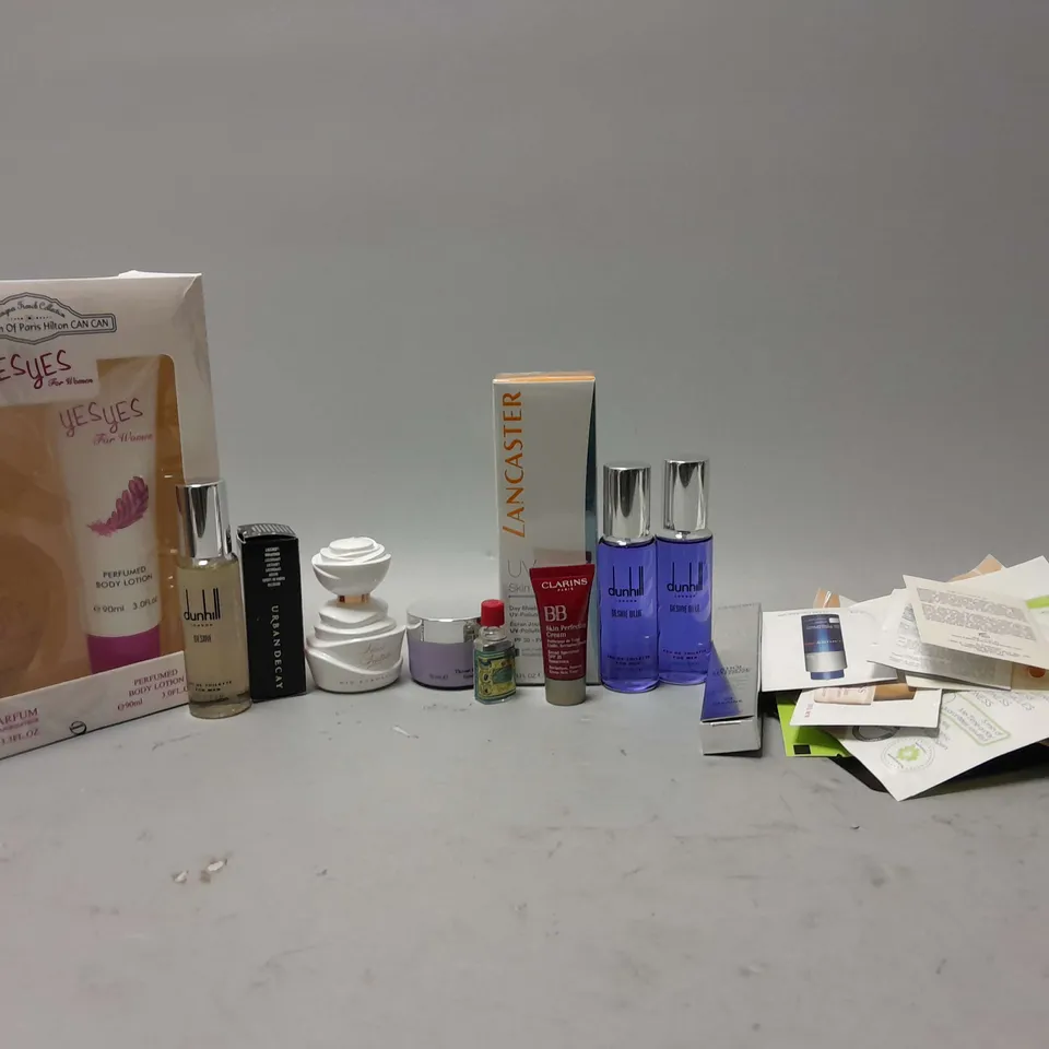 APPROXIMATELY 15 ASSORTED COSMETICS ITEMS TO INCLUDE DUNHILL DESIRE EAU DE TOILETTE (30ml), YES YES FOR WOMEN SET, LANCASTER UV SKIN THERAPY (30ml), ETC