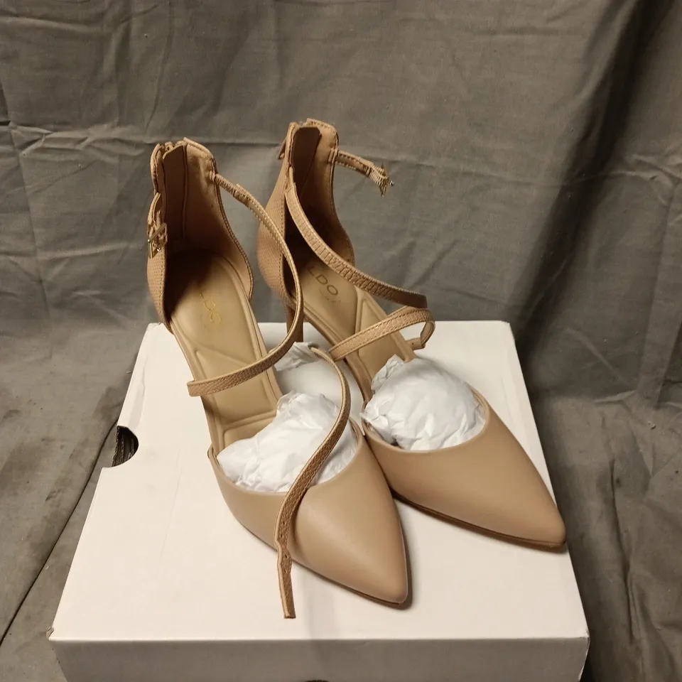 ALDO WOMEN'S NUDE STRAPPY HIGH HEEL SANDALS – POINTED TOE, ANKLE STRAP SIZE 5 BOXED