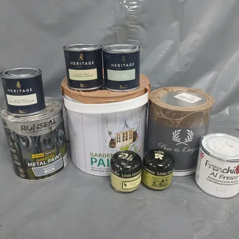 APPROXIMATELY 9 ASSORTED PAINTS TO INCLUDE FRENCHIC AL FRESCO, DULUX HERITAGE VELVET MATT SAGE GREEN, RONSEAL DIRECT TO METAL PAINT STEEL GREY, ETC - COLLECTION ONLY