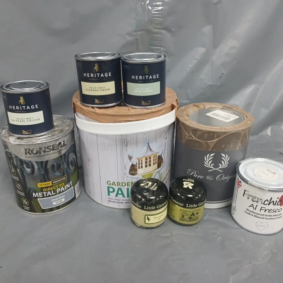 APPROXIMATELY 9 ASSORTED PAINTS TO INCLUDE FRENCHIC AL FRESCO, DULUX HERITAGE VELVET MATT SAGE GREEN, RONSEAL DIRECT TO METAL PAINT STEEL GREY, ETC - COLLECTION ONLY