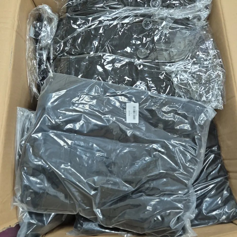 BOX OF APPROXIMATELY 20 BELTED COATS IN BLACK SIZE L - SIZE MAY VARY - COLLECTION ONLY