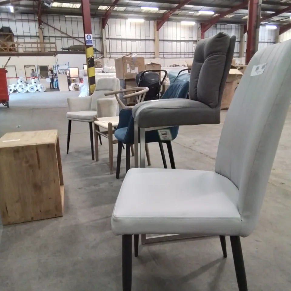 SELECTION OF 5 SIDE/DINING CHAIRS IN DIFFERENT STYLES COLOURS AND VARIETIES AND A SOLID WOOD SIDE TABLE WITH STORAGE