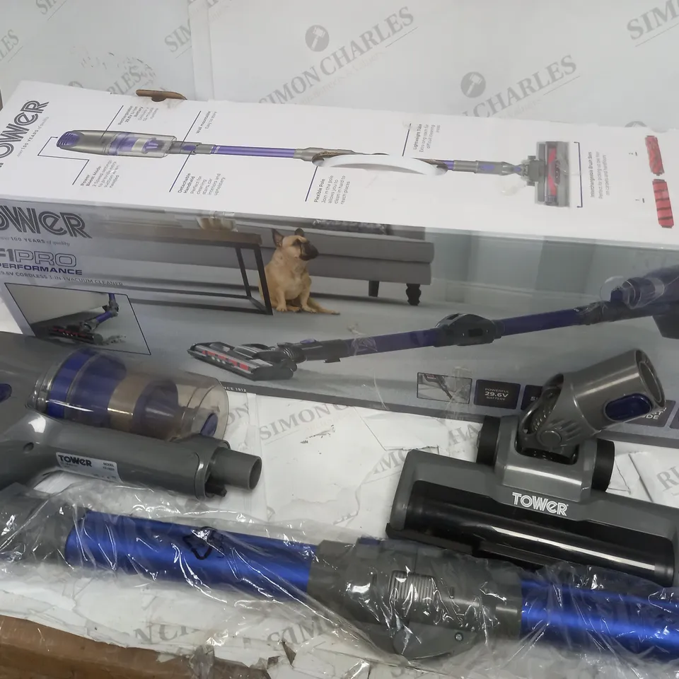 BOXED TOWER F1 PRO PERFORMANCE 29.6V CORDLESS 3-IN-1 VACUUM CLEANER WITH ACCESSORIES AND INSTRUCTIONS