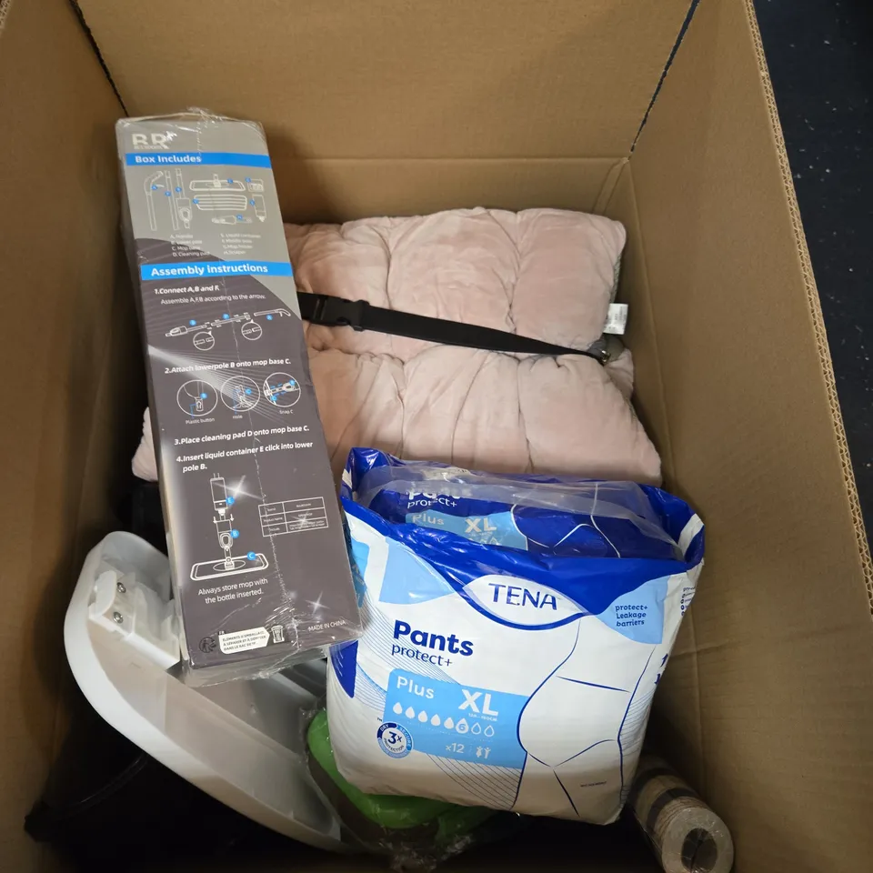BOX OF APPROXIMATLY 15 ASSORTED ITEMS INCLUDING TENA PANTS, A SPRAY MOP AND SOME TISSUES