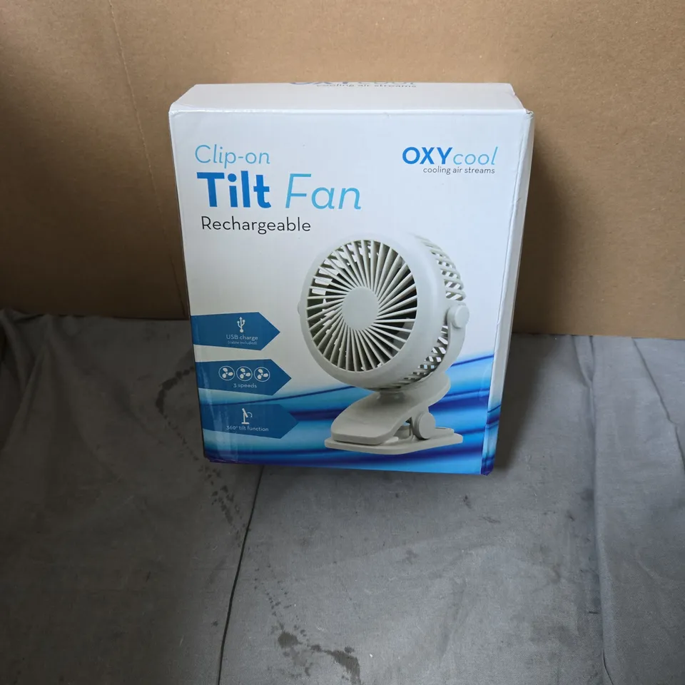 OXYCOOL CLIP-ON TILT FAN – RECHARGEABLE USB DESK FAN (BOXED)