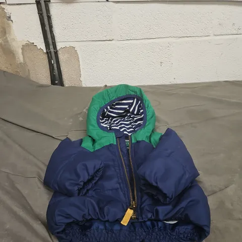 JOULES KIDS NAVY PADDED JACKET WITH GREEN HOOD β UK 6-9M, STRIPED LINING