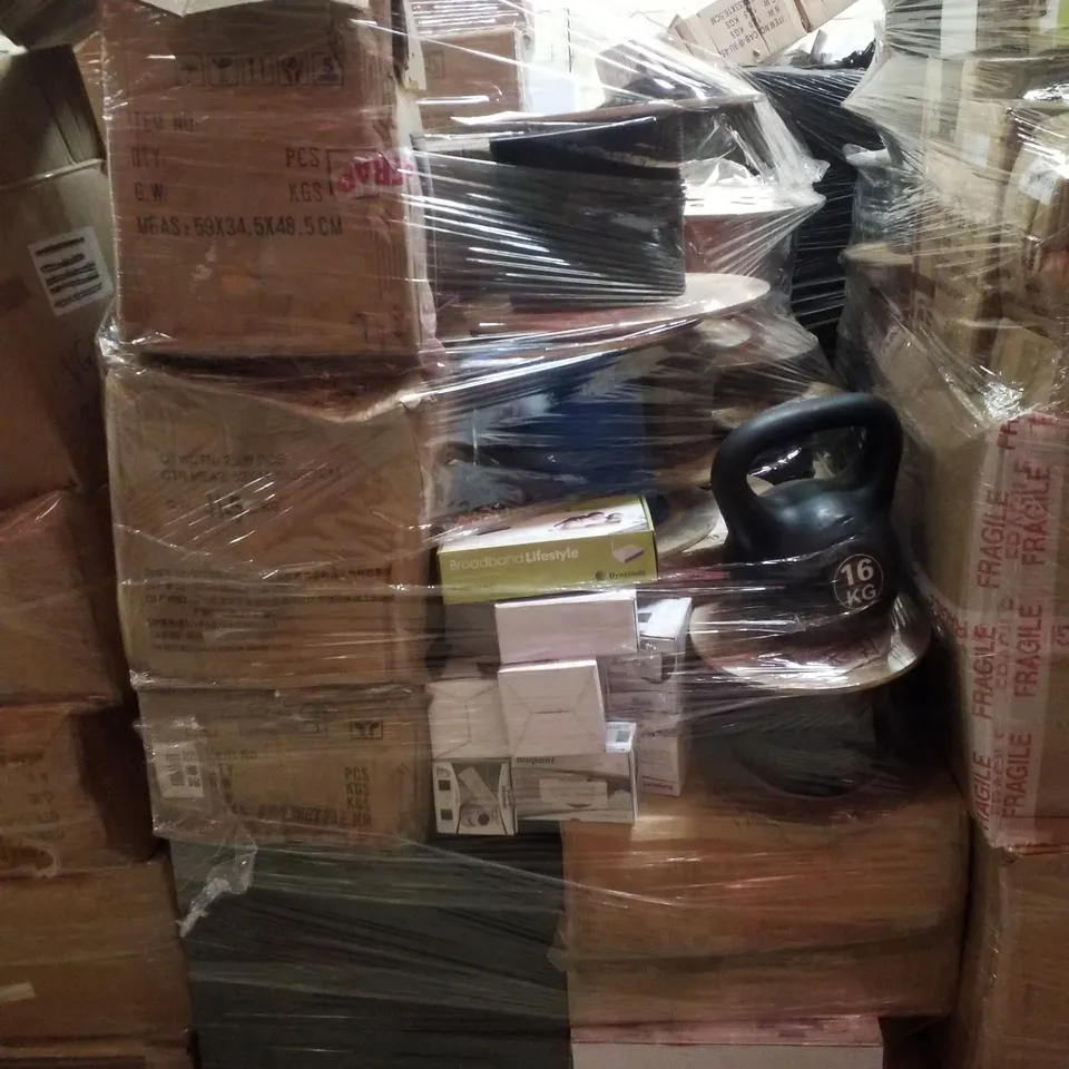 PALLET CONTAINING  ASSORTED PRODUCTS INCLUDING WIRELESS ROUTER ADSL MODEM, ASSORTED SPOOLS OF WIRE, 16KG KETTLEBELL & ASSORTED OUTDOOR CAMERAS