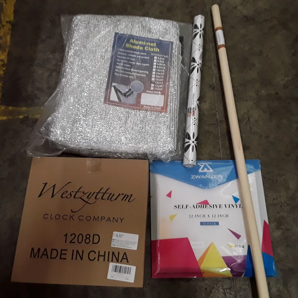 PALLET OF ASSORTED PRODUCTS INCLUDING ALUMI-NET SHADE CLOTH, BROOM HANDLE, SELF-ADHESIVE VINYL, WALL CLOCK, WALLPAPER 