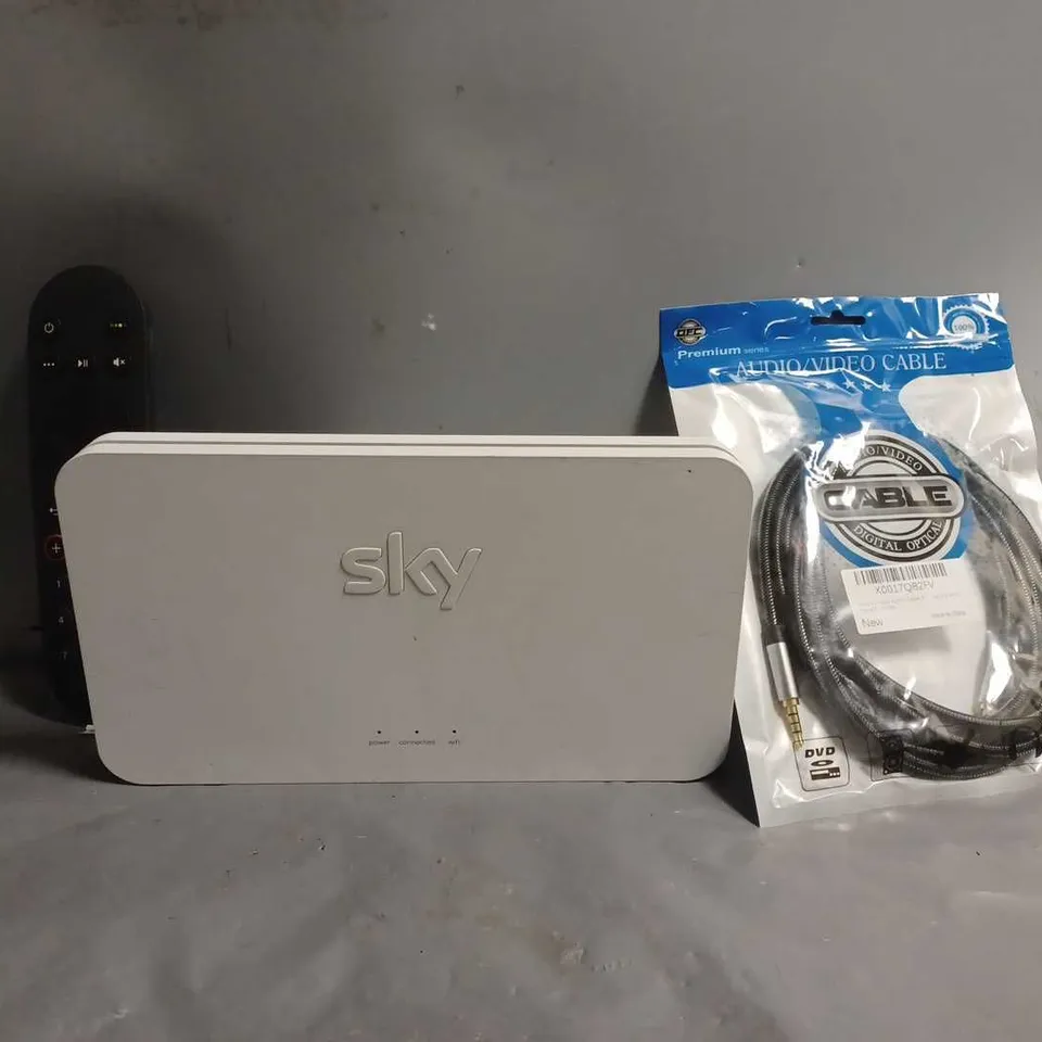 APPROXIMATELY 10 ASSORTED ITEMS TO INCLUDE - SKY REMOTE , SKY HUB , AUDIO/VIDEO CABLE ETC