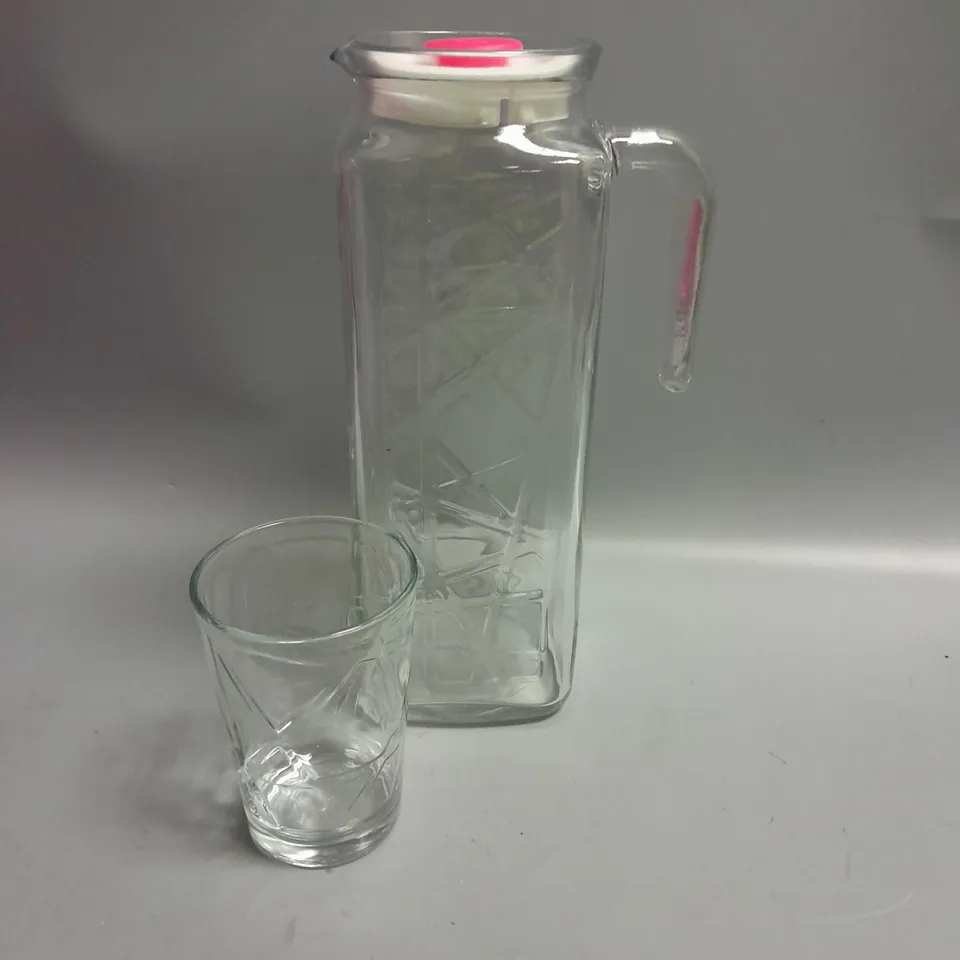 LAV GLASS JUG AND SET OF 6 GLASSES