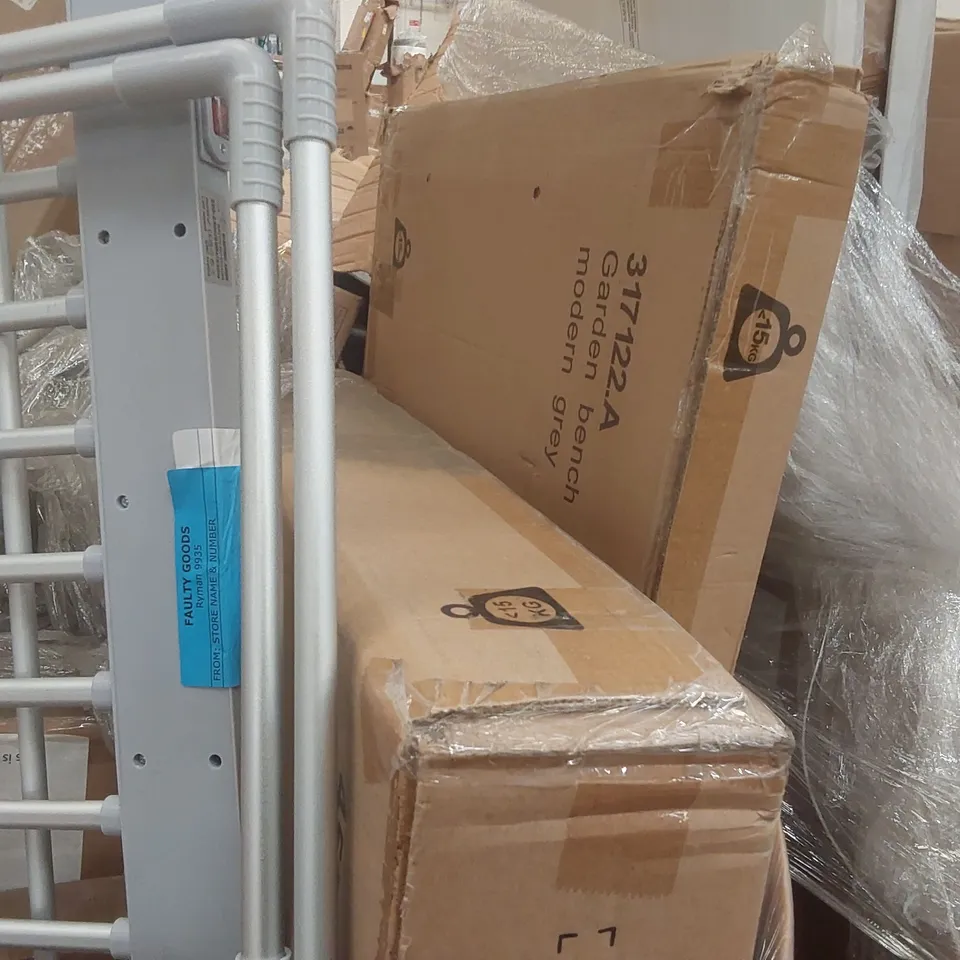 PALLET CONTAINING A LARGE QUANTITY OF ASSORTED ITEMS INCLUDING: CLOTHES AIRER, ROUND TABLE, GARDEN BENCH, OTHER ASSORTED FURNITURE ITEMS ECT